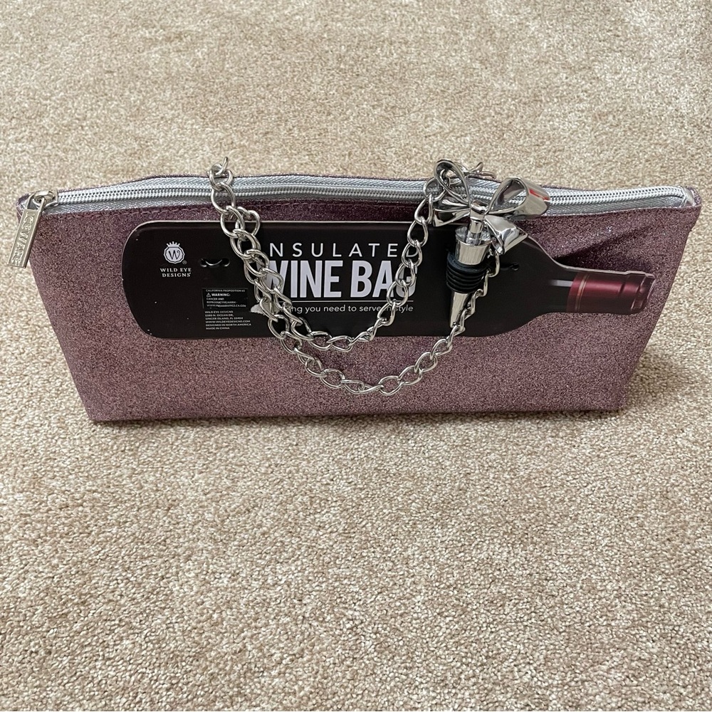 NEW Insulated Wine Bottle Carrier Bag Glitter Pink Silver Bow Stopper Bride - Picture 2 of 13